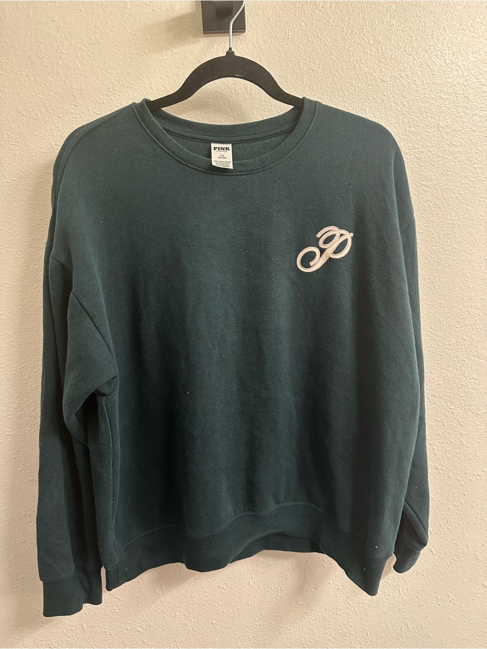 PINK Victoria's Secret Dark Green Crewneck with Light Pink Logo
